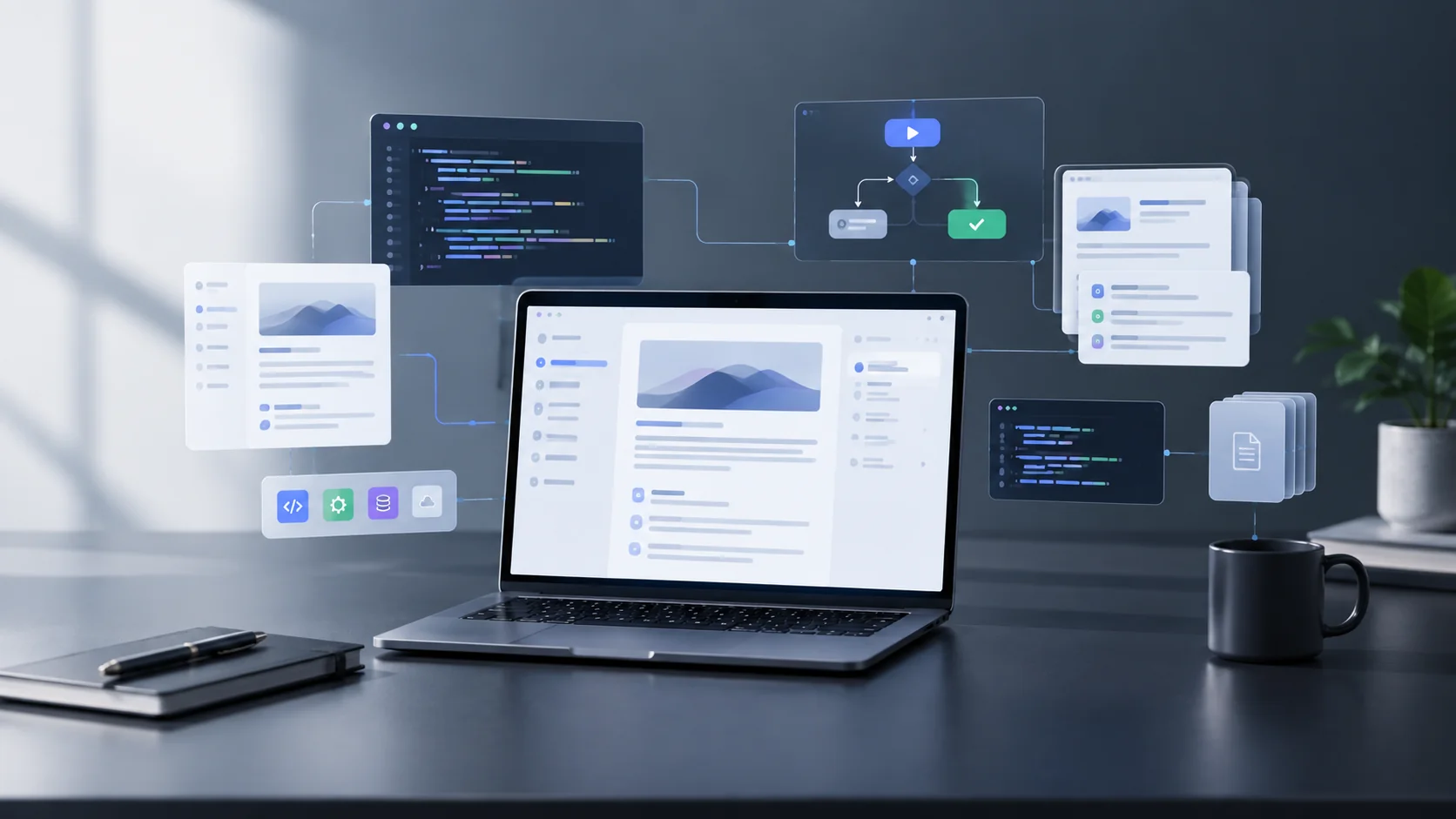 Editorial digital composition representing technology knowledge and articles